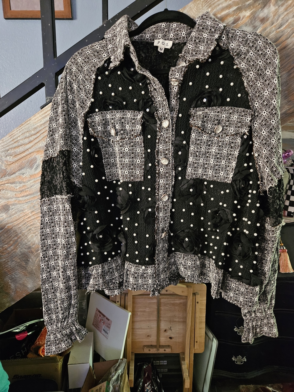 POL black & white patterned embellished jacket